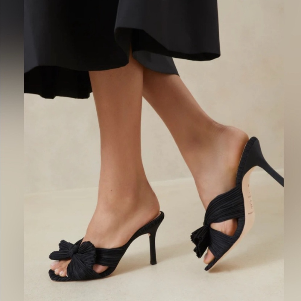 New LOEFFLER RANDALL Claudia Pleated Bow Heeled Mules Women BLACK Sandals Size 8